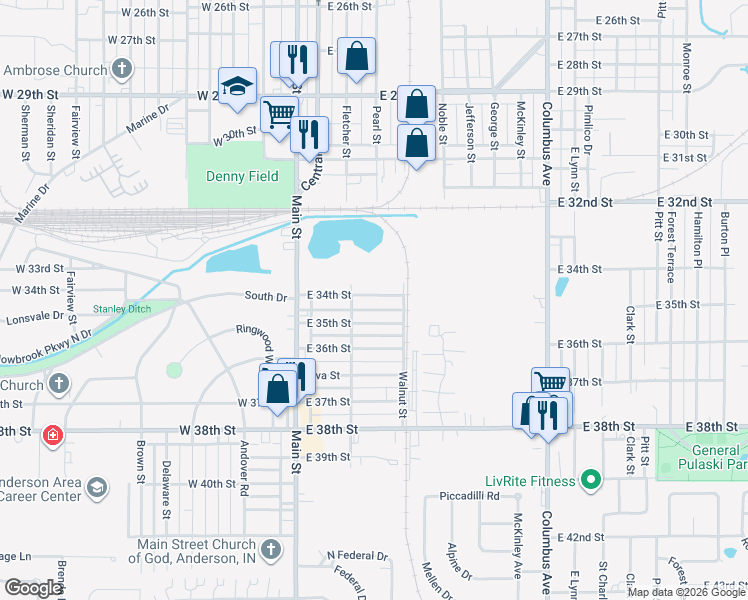 map of restaurants, bars, coffee shops, grocery stores, and more near 404 East 34th Street in Anderson