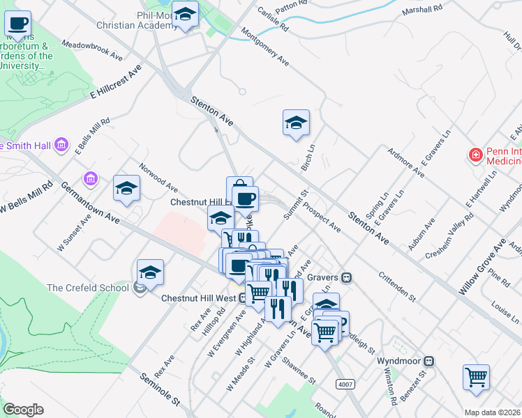 map of restaurants, bars, coffee shops, grocery stores, and more near 116 East Chestnut Hill Avenue in Philadelphia