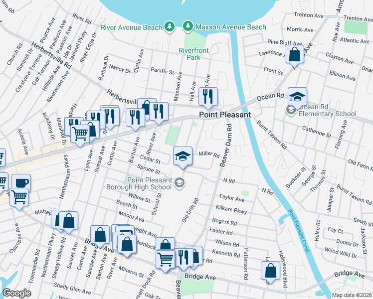 map of restaurants, bars, coffee shops, grocery stores, and more near 802 Laura Herbert Drive in Point Pleasant