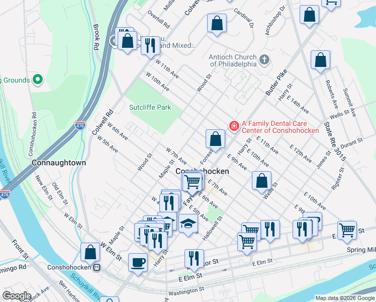 map of restaurants, bars, coffee shops, grocery stores, and more near 132 West 7th Avenue in Conshohocken