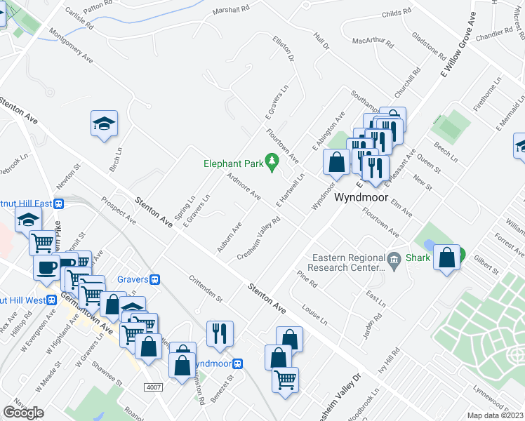 map of restaurants, bars, coffee shops, grocery stores, and more near 8208 Ardmore Avenue in Glenside