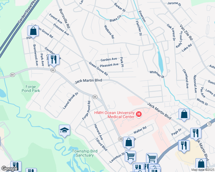 map of restaurants, bars, coffee shops, grocery stores, and more near 495 Jack Martin Boulevard in Brick Township