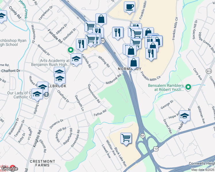 map of restaurants, bars, coffee shops, grocery stores, and more near 11919 Millbrook Road in Philadelphia