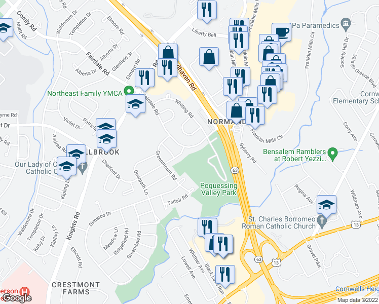 map of restaurants, bars, coffee shops, grocery stores, and more near 11919 Millbrook Road in Philadelphia