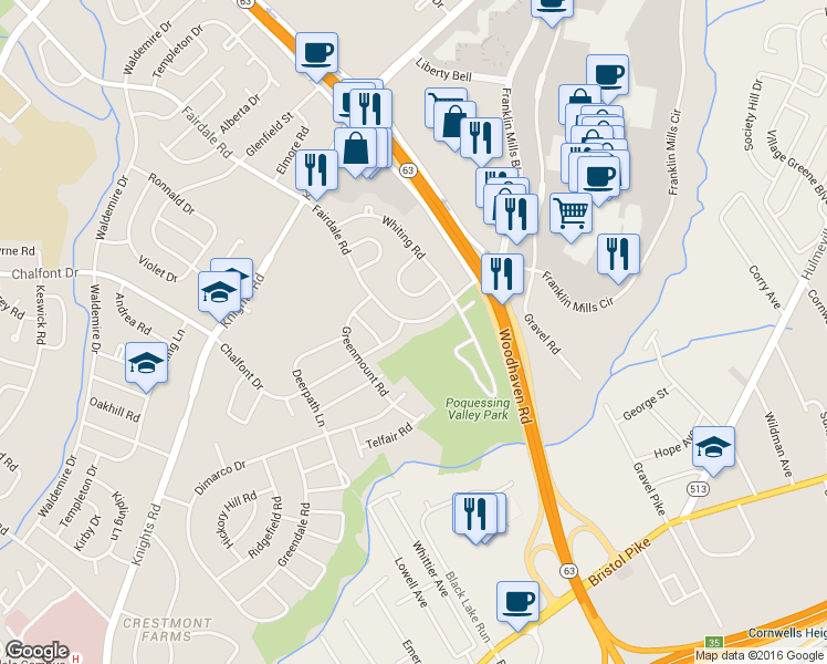 map of restaurants, bars, coffee shops, grocery stores, and more near 11919 Millbrook Road in Philadelphia