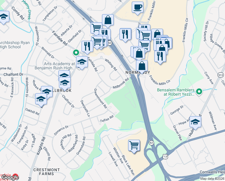 map of restaurants, bars, coffee shops, grocery stores, and more near 11919 Millbrook Road in Philadelphia