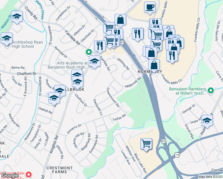 map of restaurants, bars, coffee shops, grocery stores, and more near 11802 Millbrook Road in Philadelphia