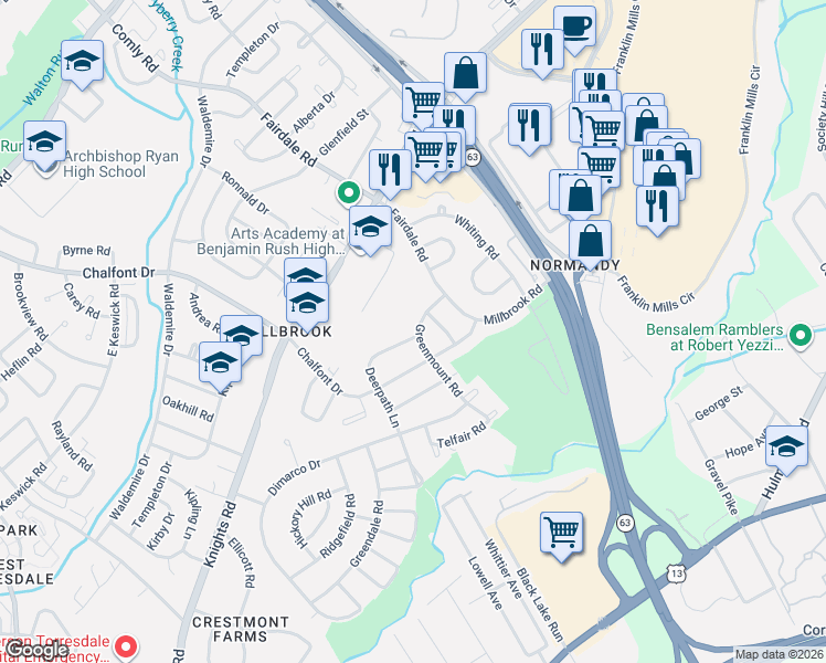 map of restaurants, bars, coffee shops, grocery stores, and more near 4317 Deerpath Lane in Philadelphia