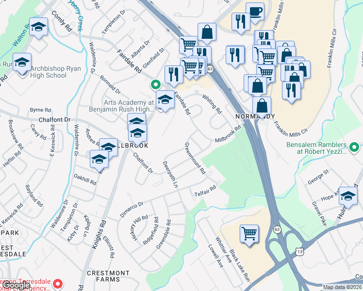 map of restaurants, bars, coffee shops, grocery stores, and more near 4317 Deerpath Lane in Philadelphia