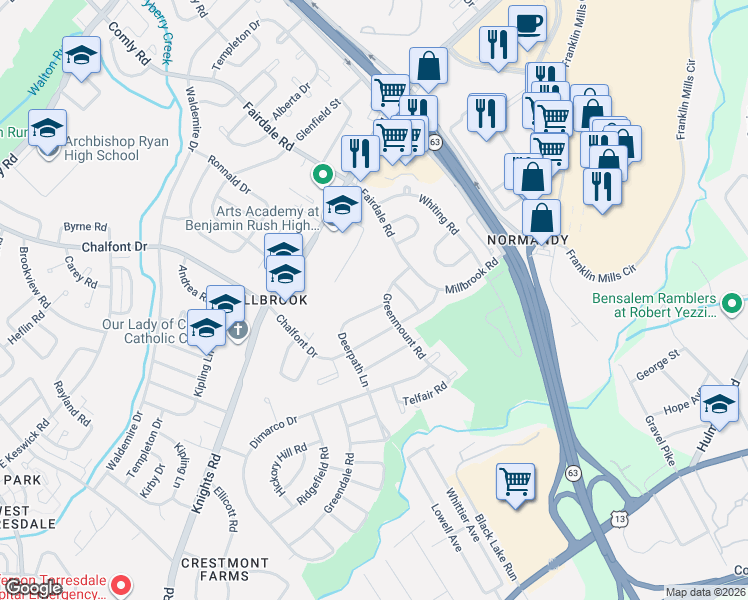map of restaurants, bars, coffee shops, grocery stores, and more near 4317 Deerpath Lane in Philadelphia