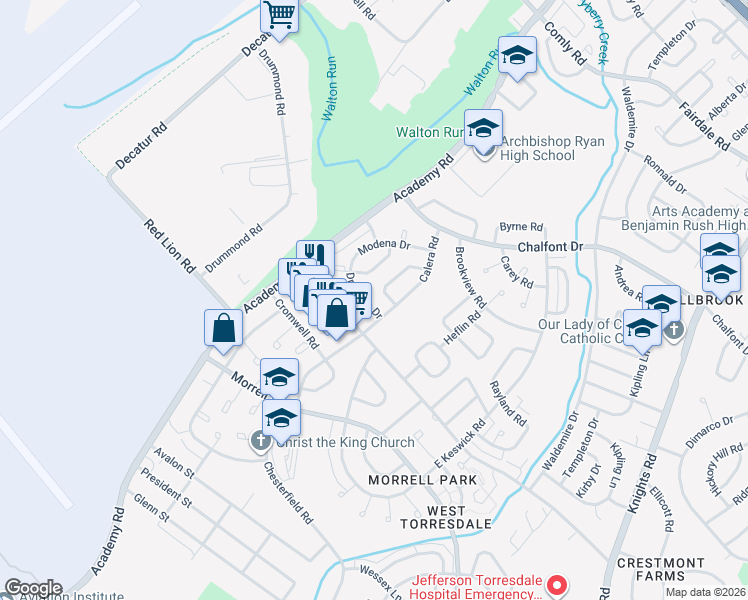 map of restaurants, bars, coffee shops, grocery stores, and more near 3541 Drumore Drive in Philadelphia