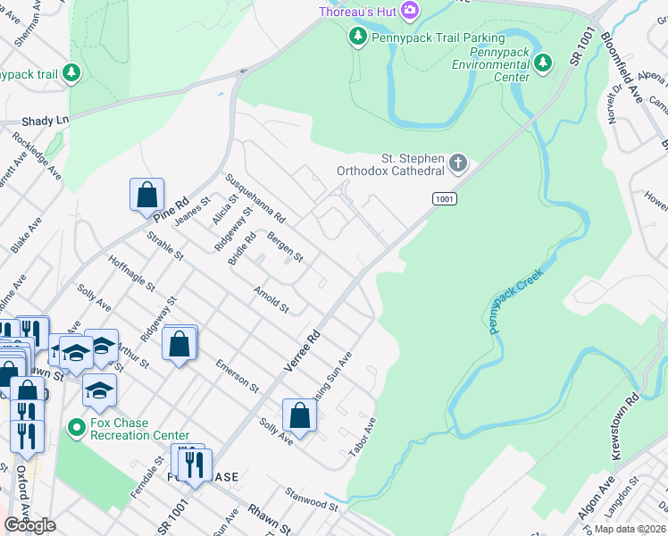 map of restaurants, bars, coffee shops, grocery stores, and more near 8530 Verree Road in Philadelphia