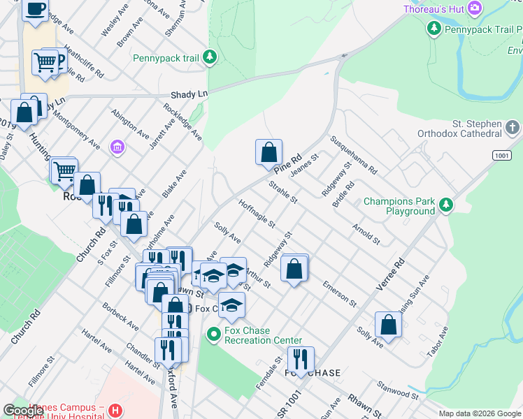 map of restaurants, bars, coffee shops, grocery stores, and more near 8240 Jeanes Street in Philadelphia