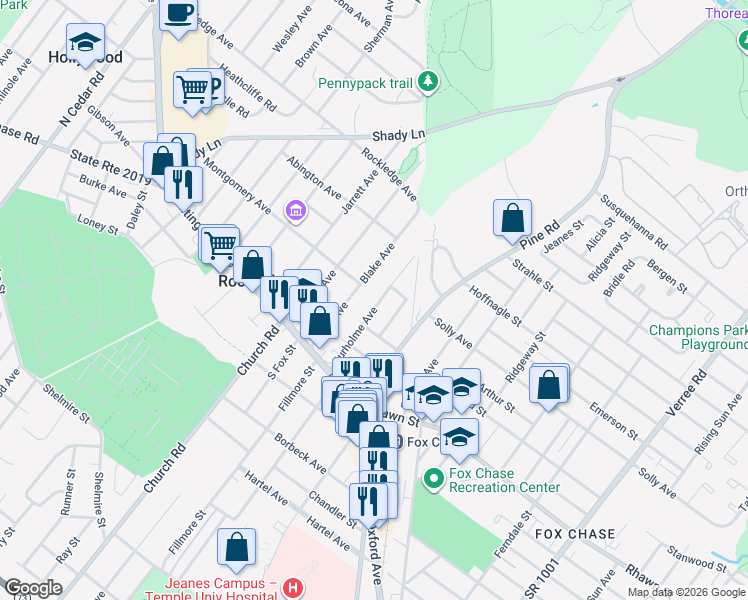 map of restaurants, bars, coffee shops, grocery stores, and more near 8116 Hennig Street in Philadelphia