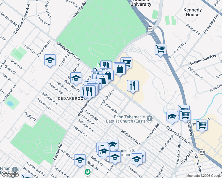 map of restaurants, bars, coffee shops, grocery stores, and more near 1601 East Mount Airy Avenue in Philadelphia