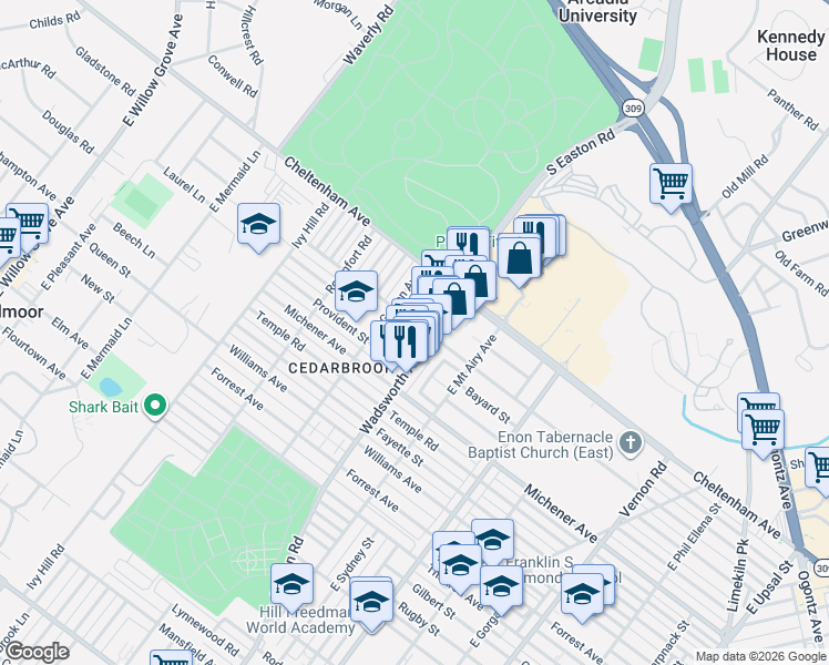 map of restaurants, bars, coffee shops, grocery stores, and more near 1524R Wadsworth Avenue in Philadelphia