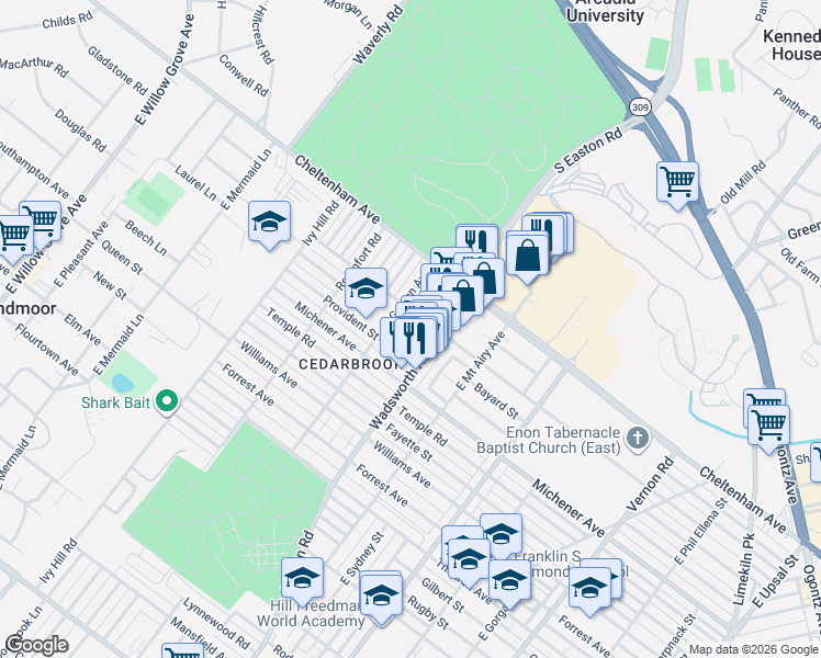 map of restaurants, bars, coffee shops, grocery stores, and more near 1524R Wadsworth Avenue in Philadelphia