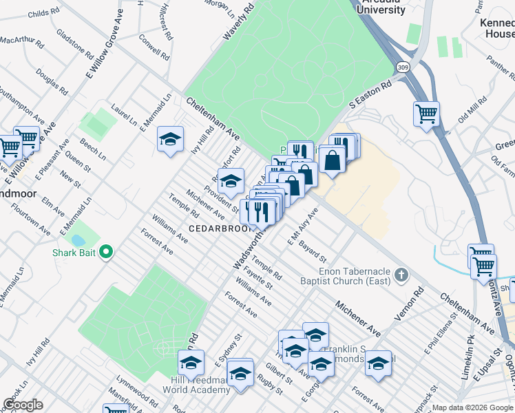 map of restaurants, bars, coffee shops, grocery stores, and more near 1524R Wadsworth Avenue in Philadelphia