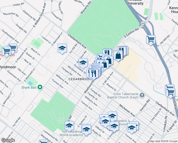 map of restaurants, bars, coffee shops, grocery stores, and more near 1524R Wadsworth Avenue in Philadelphia