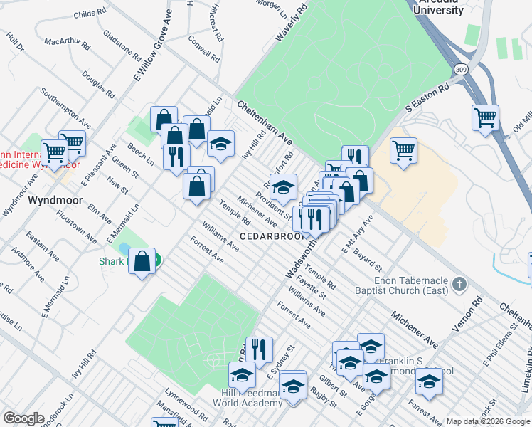 map of restaurants, bars, coffee shops, grocery stores, and more near 8535 Temple Road in Philadelphia