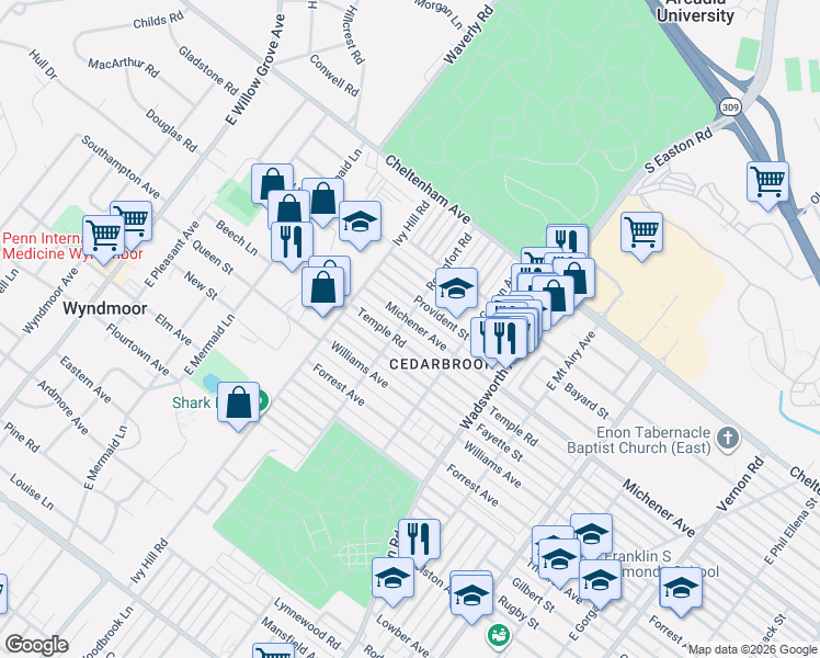 map of restaurants, bars, coffee shops, grocery stores, and more near 8535 Temple Road in Philadelphia