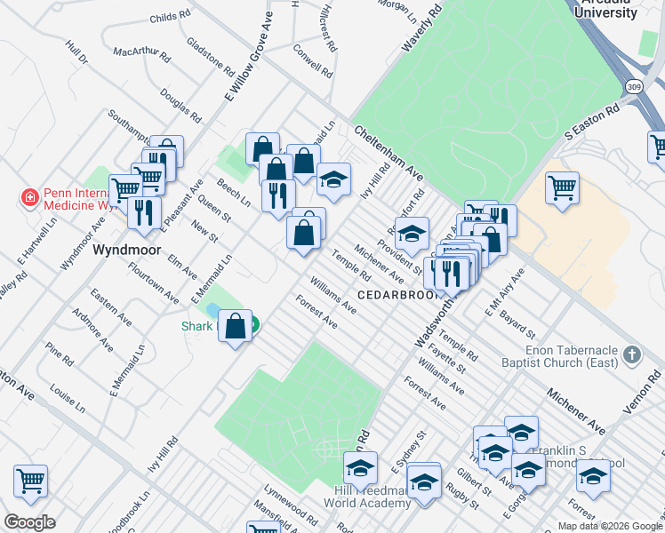 map of restaurants, bars, coffee shops, grocery stores, and more near 8637 Williams Avenue in Philadelphia