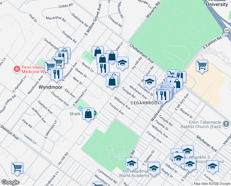 map of restaurants, bars, coffee shops, grocery stores, and more near 8637 Williams Avenue in Philadelphia