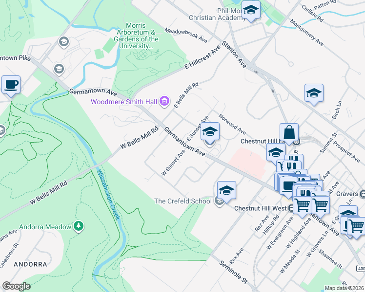 map of restaurants, bars, coffee shops, grocery stores, and more near 9026 Germantown Avenue in Philadelphia