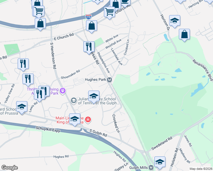 map of restaurants, bars, coffee shops, grocery stores, and more near 627 School Line Drive in King of Prussia