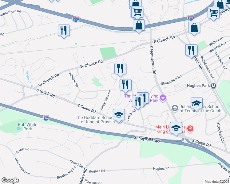 map of restaurants, bars, coffee shops, grocery stores, and more near 348 Valley-View Road in King of Prussia