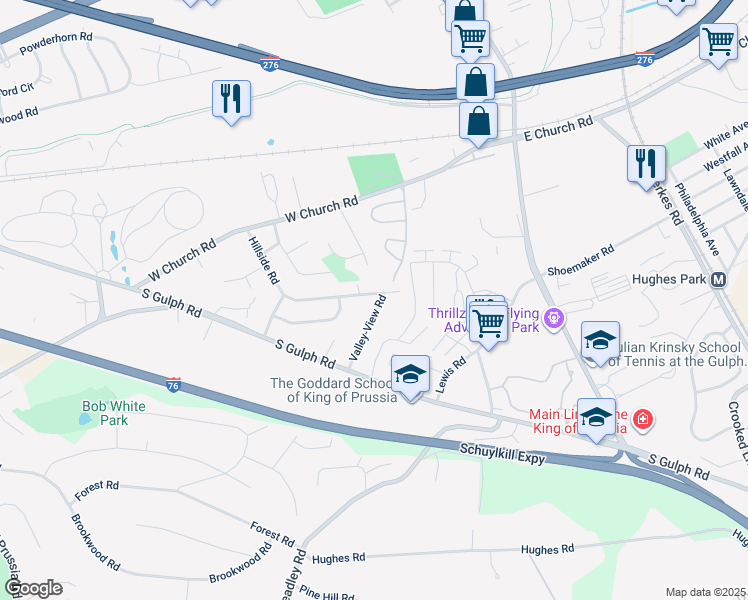 map of restaurants, bars, coffee shops, grocery stores, and more near 359 Valley-View Road in King of Prussia