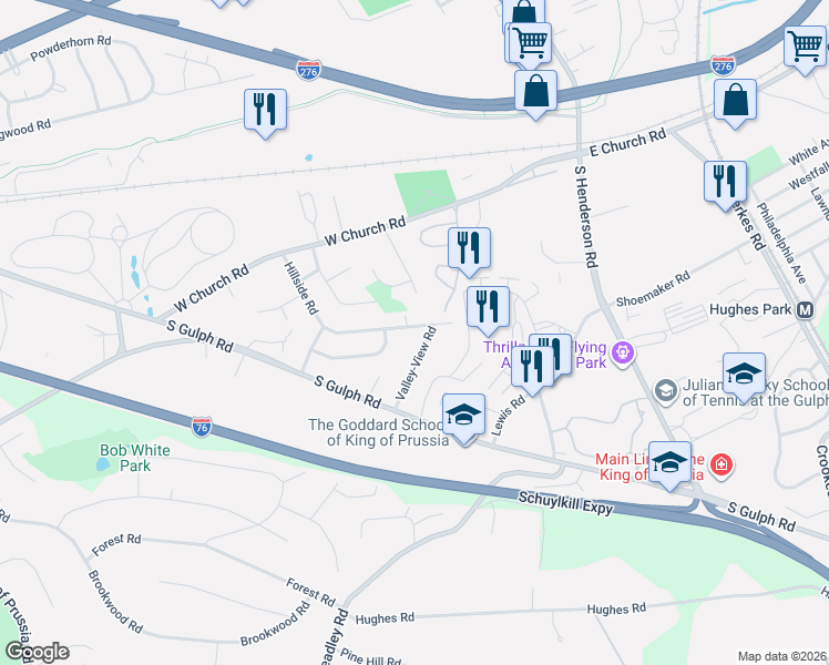 map of restaurants, bars, coffee shops, grocery stores, and more near 385 Evergreen Road in King of Prussia