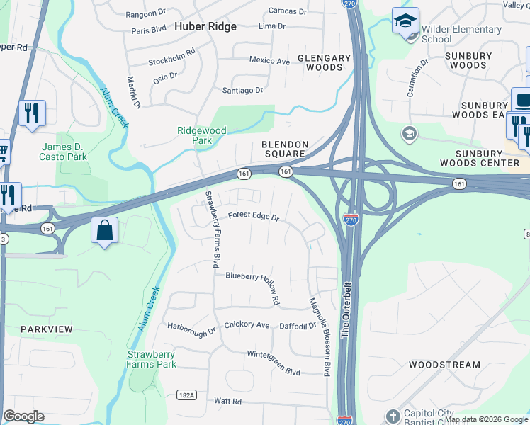 map of restaurants, bars, coffee shops, grocery stores, and more near 5275 Spring Beauty Court in Columbus