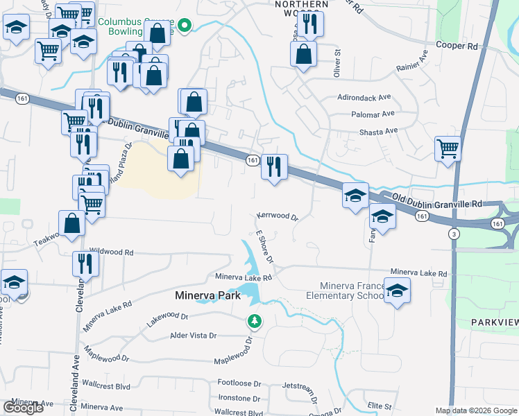 map of restaurants, bars, coffee shops, grocery stores, and more near 5353 East Shore Drive in Columbus