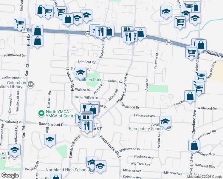 map of restaurants, bars, coffee shops, grocery stores, and more near 5453 Aspen Road in Columbus