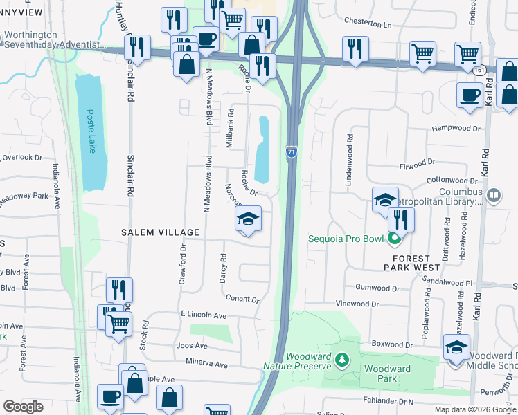 map of restaurants, bars, coffee shops, grocery stores, and more near 5557 Roche Drive in Columbus