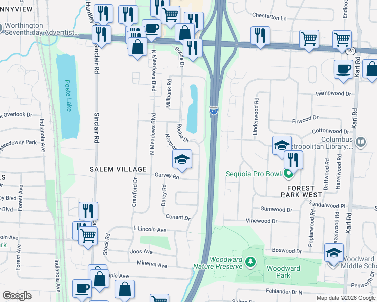 map of restaurants, bars, coffee shops, grocery stores, and more near 5583 Norcross Road in Columbus