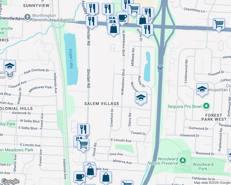 map of restaurants, bars, coffee shops, grocery stores, and more near 5575 North Meadows Boulevard in Columbus