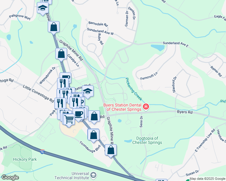 map of restaurants, bars, coffee shops, grocery stores, and more near 49 Granite Lane in Chester Springs