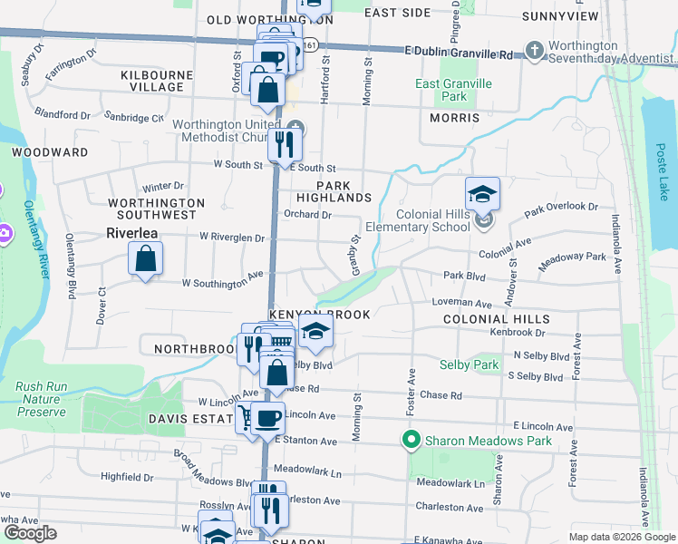 map of restaurants, bars, coffee shops, grocery stores, and more near 72 Park Boulevard in Worthington