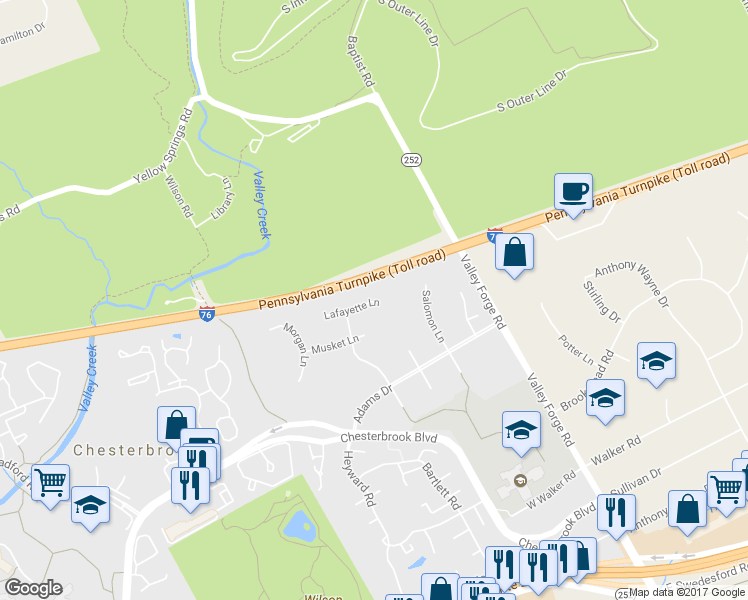 map of restaurants, bars, coffee shops, grocery stores, and more near 213 Lafayette Lane in Chesterbrook