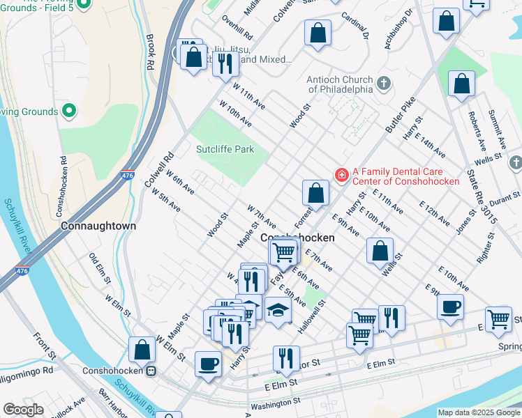 map of restaurants, bars, coffee shops, grocery stores, and more near 204 W 7th Ave in Conshohocken
