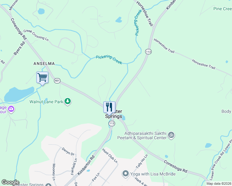 map of restaurants, bars, coffee shops, grocery stores, and more near 911 Kimberton Road in Chester Springs