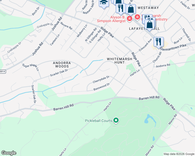 map of restaurants, bars, coffee shops, grocery stores, and more near 672 Cherrydale Drive in Lafayette Hill