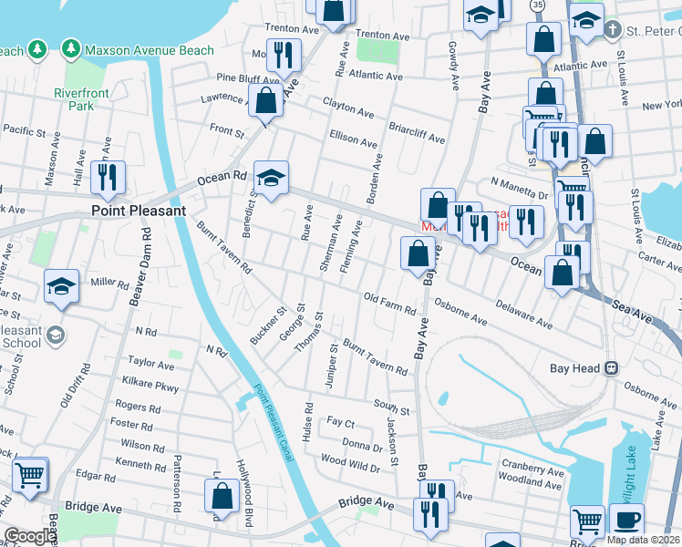map of restaurants, bars, coffee shops, grocery stores, and more near 1304 Thomas Street in Point Pleasant