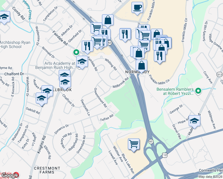 map of restaurants, bars, coffee shops, grocery stores, and more near 11919 Millbrook Road in Philadelphia