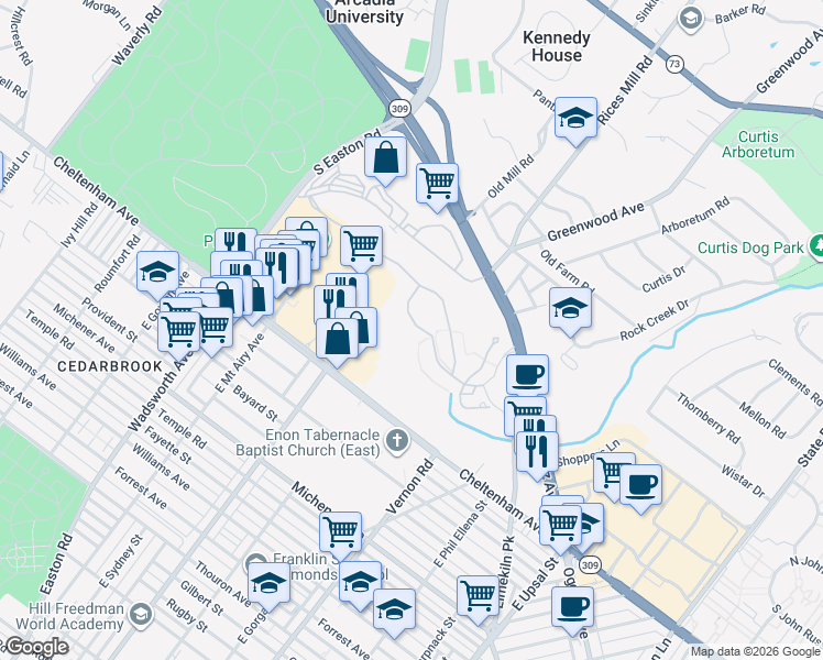 map of restaurants, bars, coffee shops, grocery stores, and more near 255 MacDonald Avenue in Wyncote