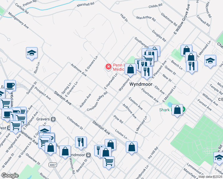 map of restaurants, bars, coffee shops, grocery stores, and more near 8103 Ardmore Avenue in Wyndmoor
