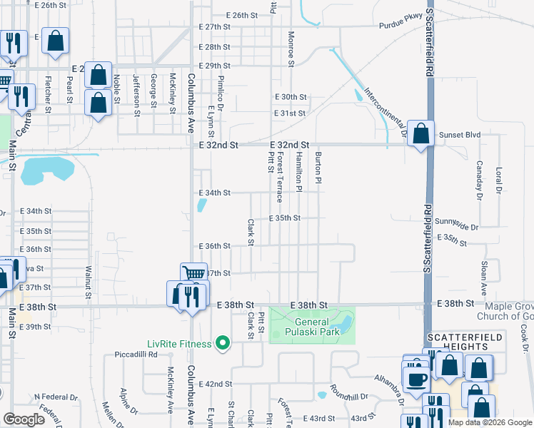 map of restaurants, bars, coffee shops, grocery stores, and more near 3507 Forest Terrace in Anderson