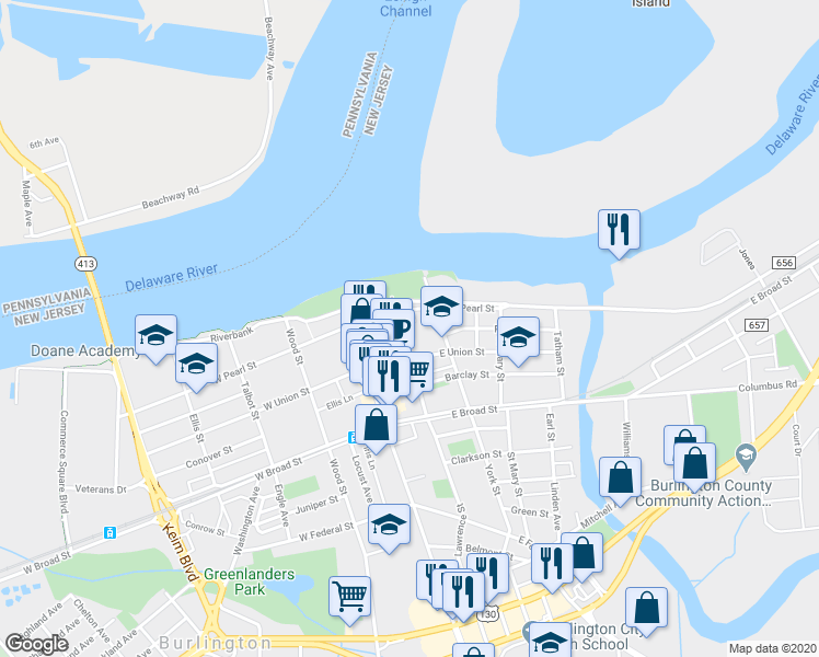 map of restaurants, bars, coffee shops, grocery stores, and more near 110 Stacy Court in Burlington